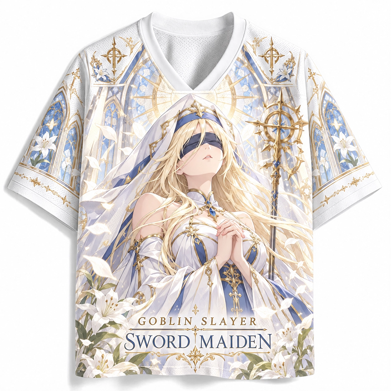 Goblin Slayer Archbishop of the Water Temple Football Jersey, Number 05 Anime V-Neck Jersey Shirt, White Blue Gold Stained Glass Tee