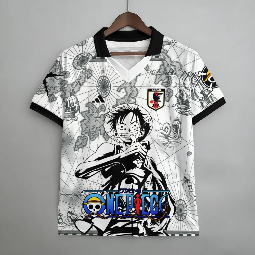 One Piece Monkey D Luffy Football Jersey, Grand Line Treasure Map Anime Soccer Style Jersey Shirt, White and Black Sports Tee for Pirate Fans
