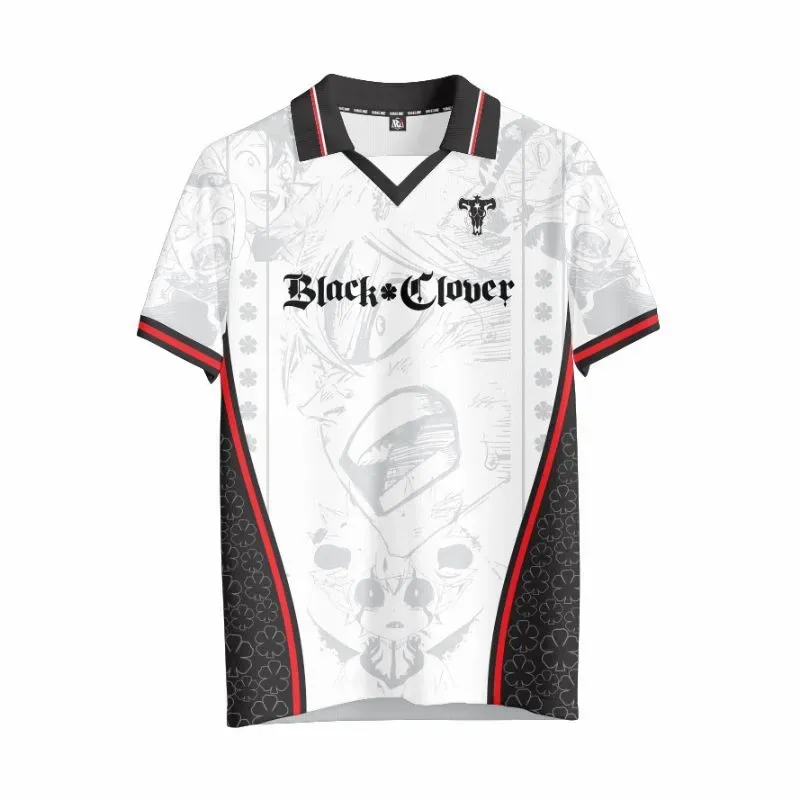 Black Clover Asta Bulls Squad Football Jersey, Five-Leaf Grimoire Anime Collared V-Neck Jersey Shirt, White Charcoal Red Tee for Fans