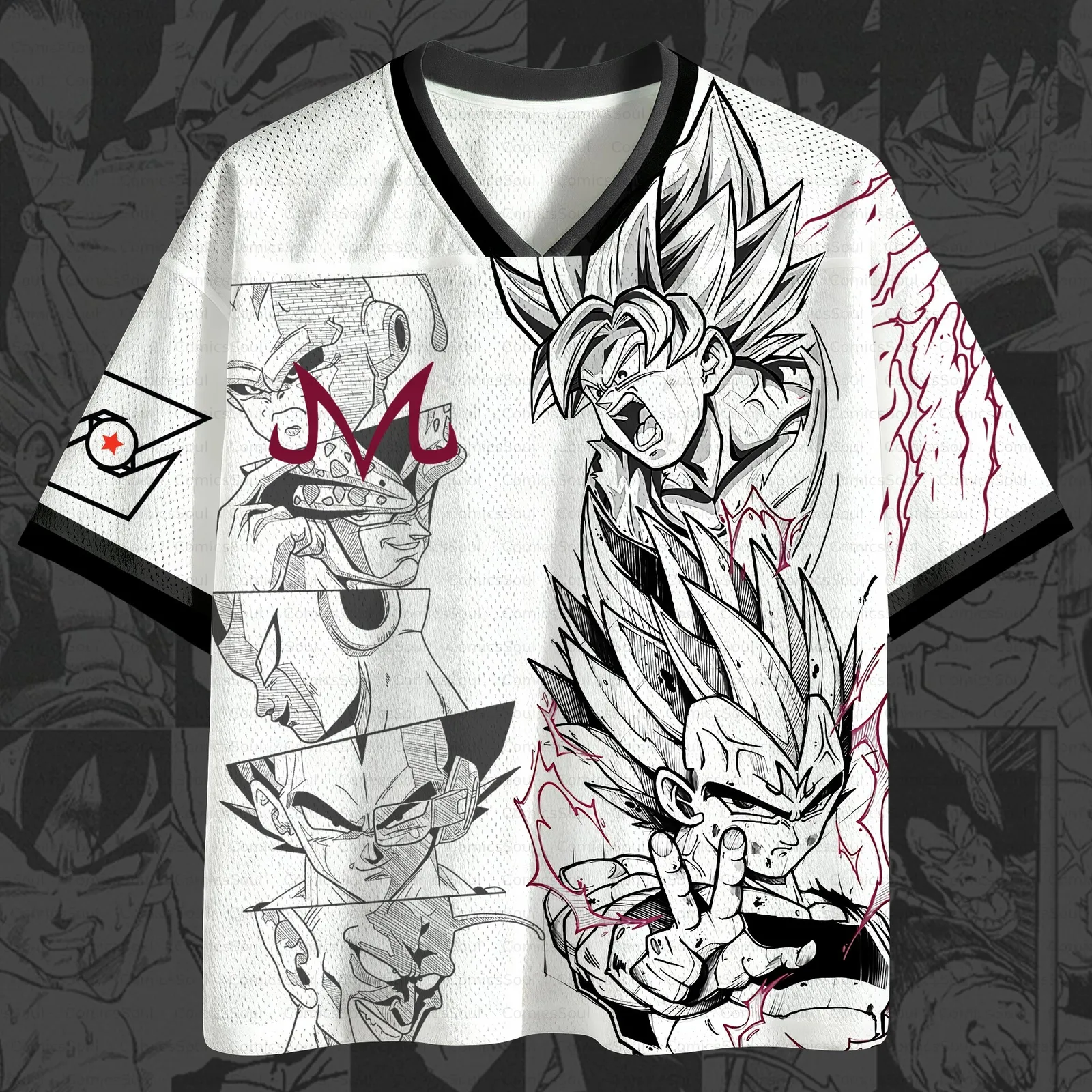 Dragon Ball Goku and Vegeta Football Jersey, White Manga Ink Anime V-Neck Jersey Shirt, Majin Buu M Mark Frieza Cell Super Saiyan Fan Tee