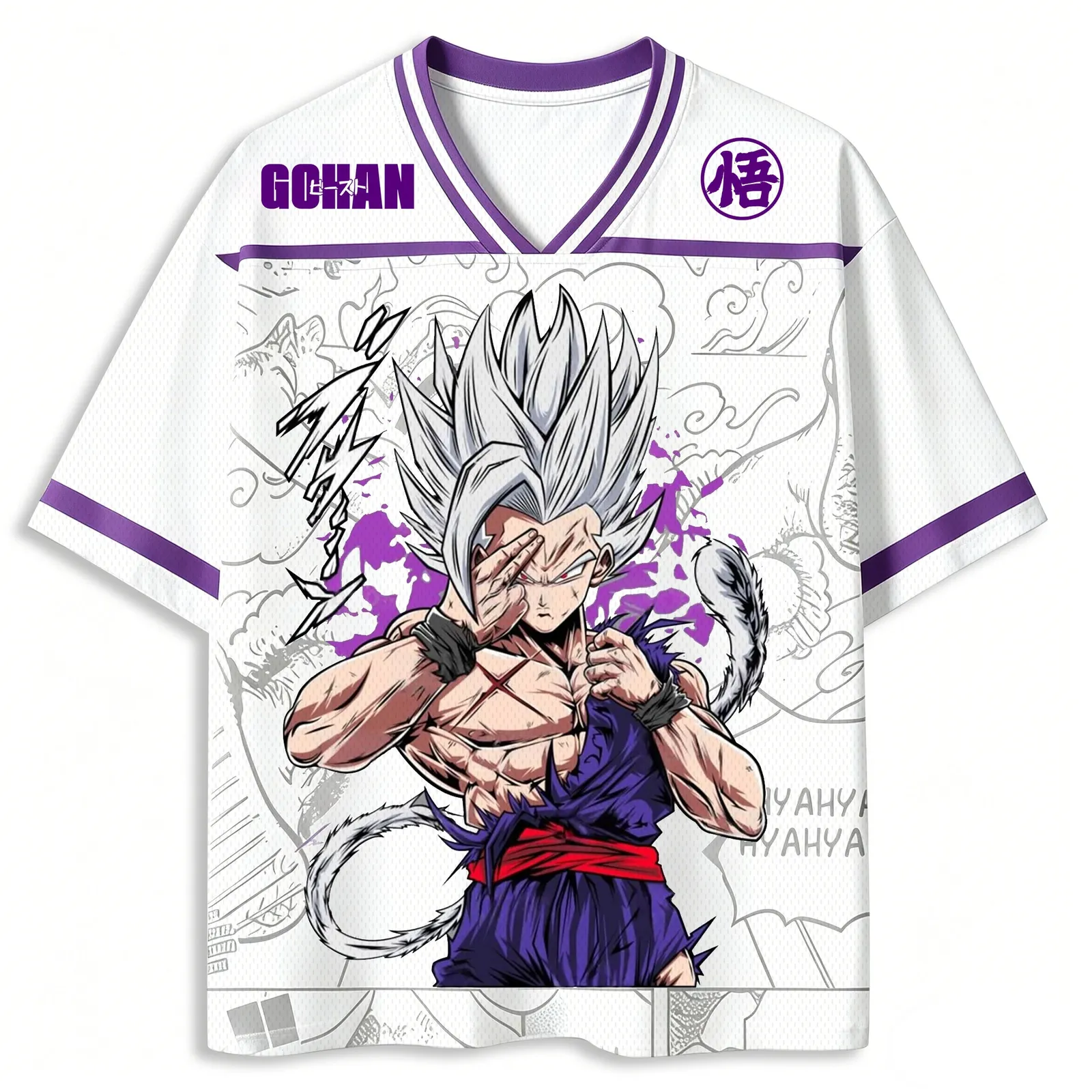 Dragon Ball Super Gohan Beast Football Jersey, Ultimate Form Anime V-Neck Jersey Shirt, White Purple Manga Panel Mesh Tee for DBZ Fans
