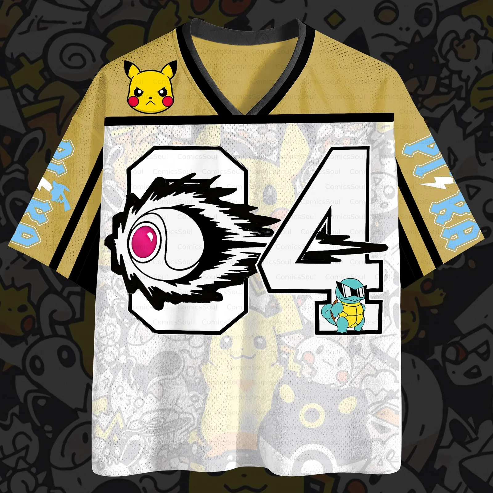 Pokémon Pikachu Charmander Squirtle Bulbasaur Football Jersey, Kanto Starters Number 04 Anime V-Neck Jersey Shirt, Yellow White Tee for Fans