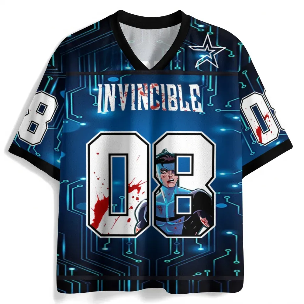 Invincible Mark Grayson Football Jersey, Blue Circuit Board Comic Superhero V-Neck Jersey Shirt with Number 08, Battle Damaged Hero Tee