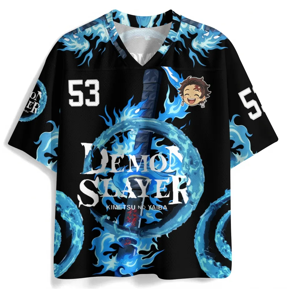 Demon Slayer Tanjiro Kamado Football Jersey, Water Breathing Dragon Number 53 Black and Ice Blue Anime V-Neck Jersey Shirt, Kimetsu no Yaiba Tee