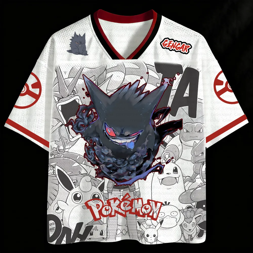 Pokemon Gengar Football Jersey, Ghost Type Anime V-Neck Jersey Shirt, White Red Manga Pikachu Psyduck Eevee Tee for Trainers and Fans