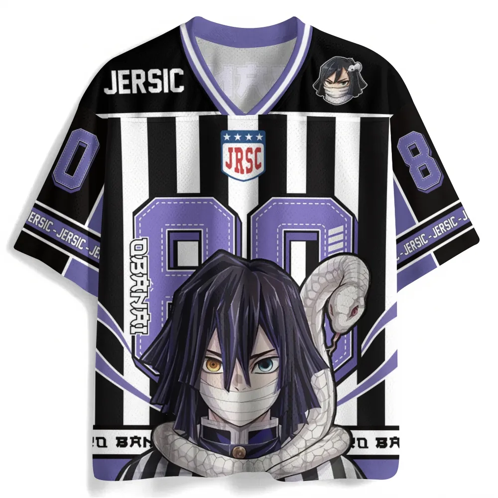 Demon Slayer Obanai Iguro Football Jersey, Serpent Hashira Number 80 Anime V-Neck Jersey Shirt, Black White Purple Striped Sports Tee