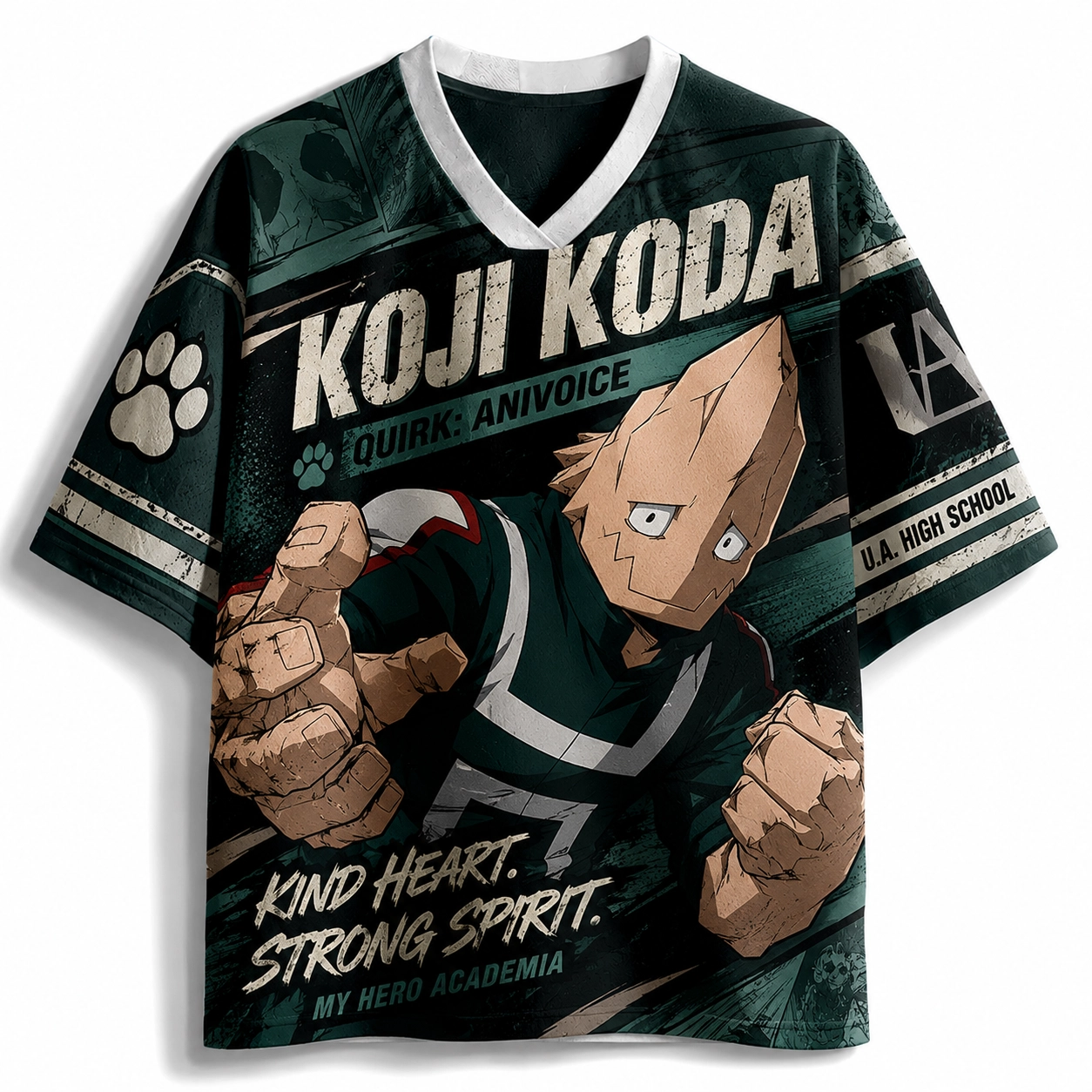 My Hero Academia Koji Koda Football Jersey, Quirk Anivoice UA High School Class 1-A Anime V-Neck Jersey Shirt, Dark Green Sports Tee