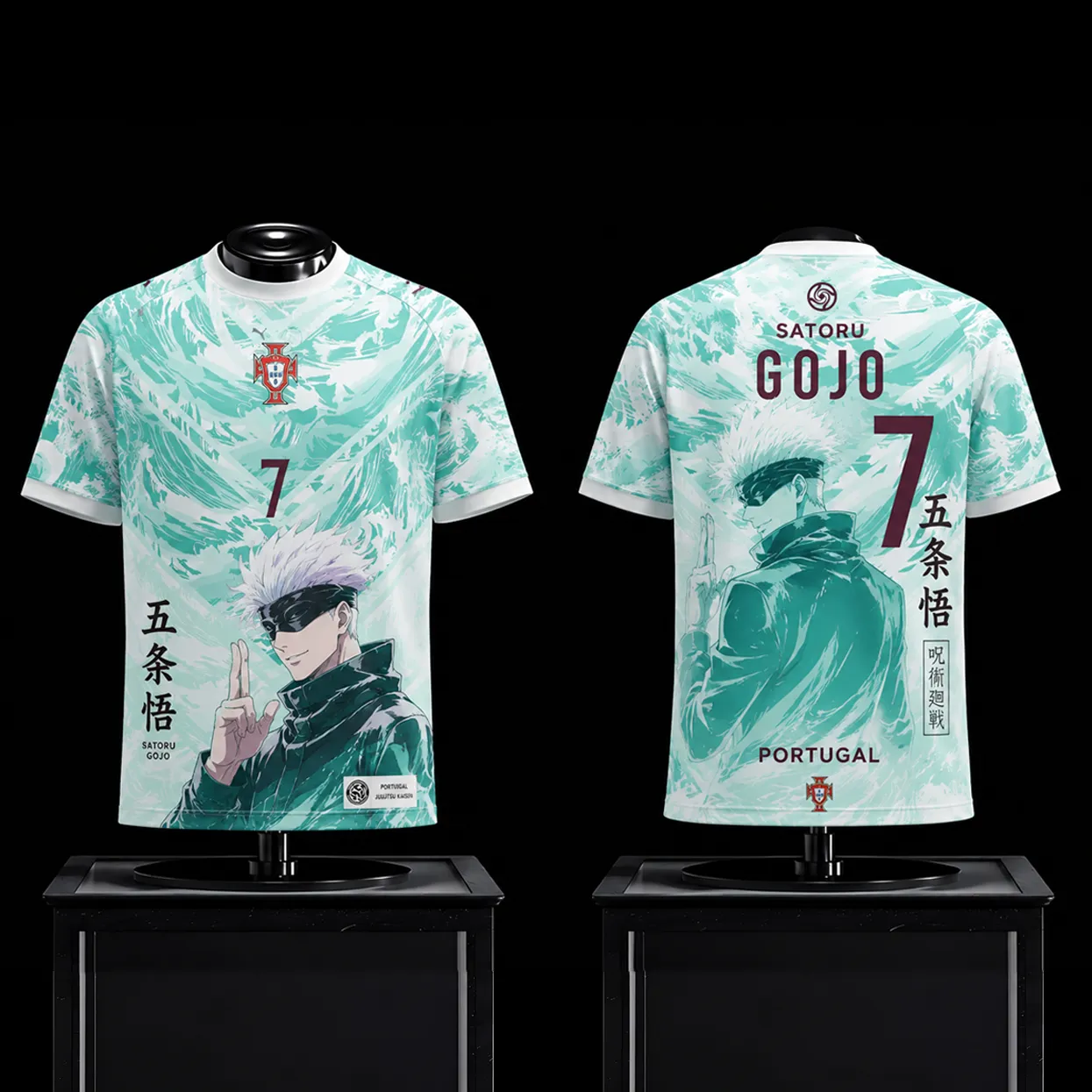 Jujutsu Kaisen Satoru Gojo Football Jersey, Number 7 Portugal Style Sea Wave Anime Crew Neck Jersey Shirt, Mint Green and White Sports Tee