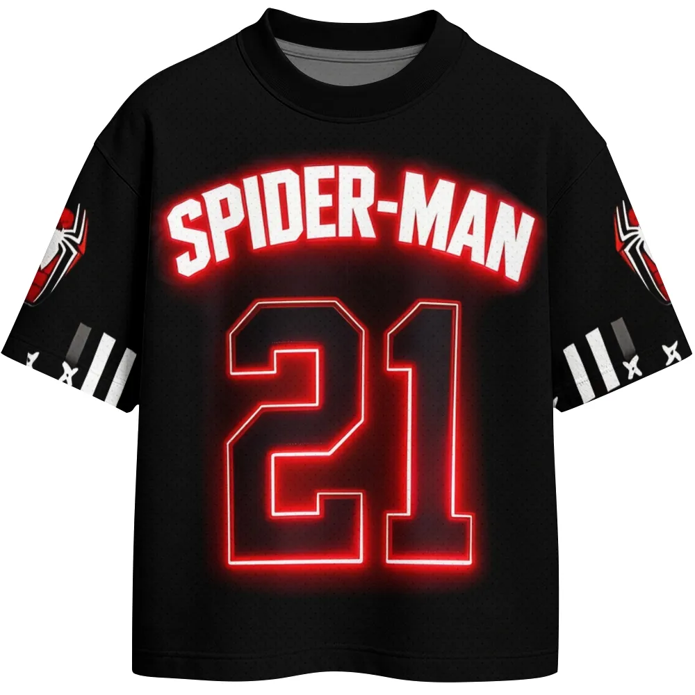 Spider-Man Football Jersey, Neon Red Number 21 Arachnid Emblem Crew Neck Jersey Shirt, Black Red White Glow Superhero Tee for Marvel Fans