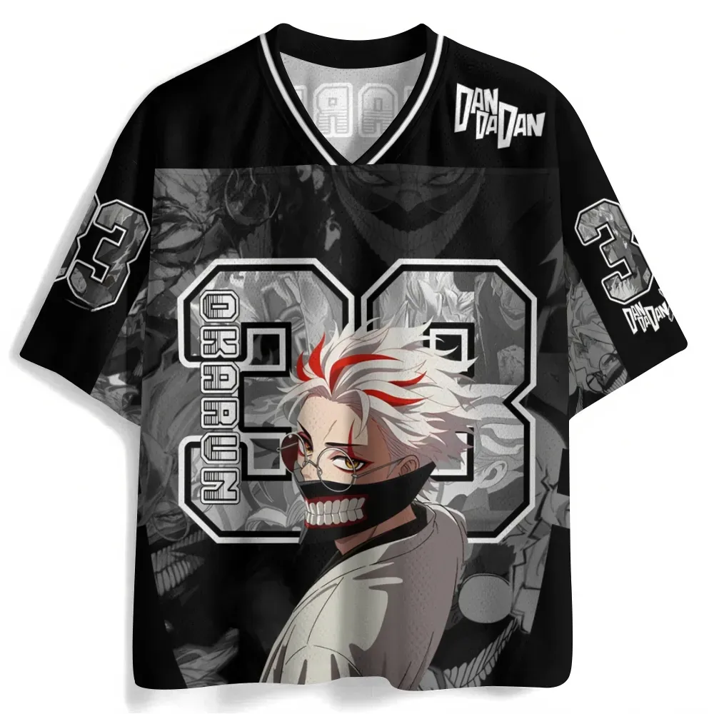 Dandadan Okarun Football Jersey, Ken Takakura Transformed Form Number 33 Black and Grey Anime V-Neck Jersey Shirt, Turbo Granny Power Tee