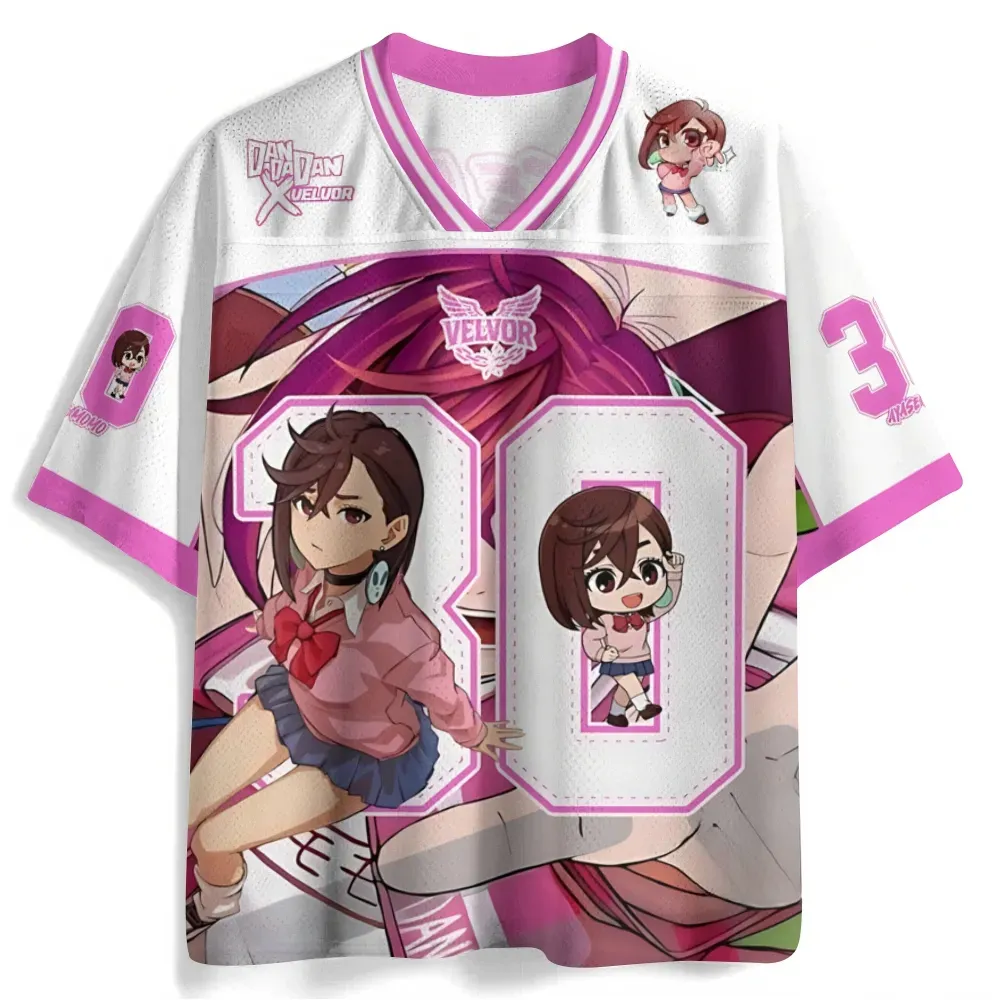 Dandadan Momo Ayase Football Jersey, Number 30 Anime V-Neck Jersey Shirt, White and Hot Pink Sports Tee with Chibi Art for Fans