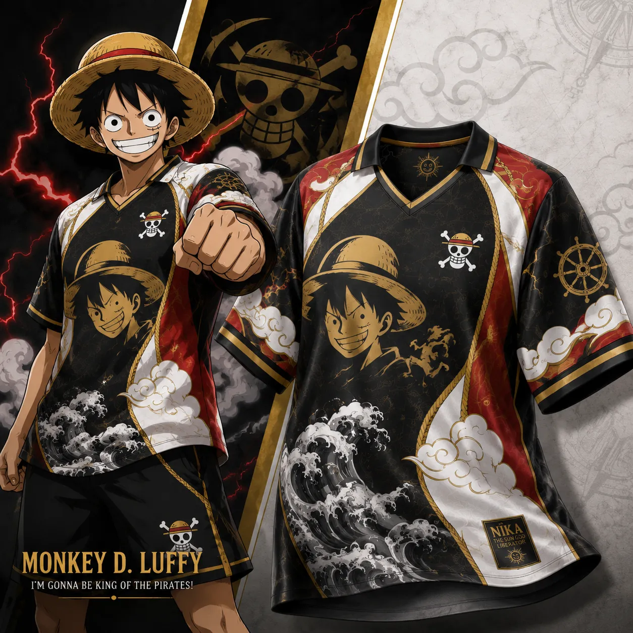 One Piece Monkey D Luffy Football Jersey, Sun God Nika Great Wave Anime Soccer Style Jersey Shirt, Black Red and Gold Sports Tee for Pirate Fans