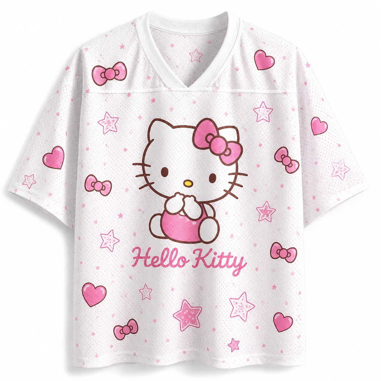 Hello Kitty Football Jersey, White and Pink Kawaii V-Neck Jersey Shirt, Sanrio Cute Bow Hearts and Stars Pattern Pastel Sports Tee for Fans