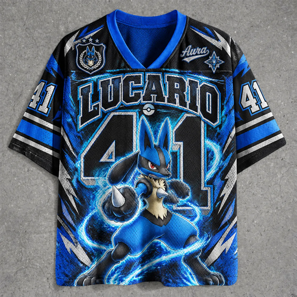 Lucario Pokémon Football Jersey, Aura Number 41 Anime V-Neck Jersey Shirt, Royal Blue Black Lightning Tee for Fighting Type Fans