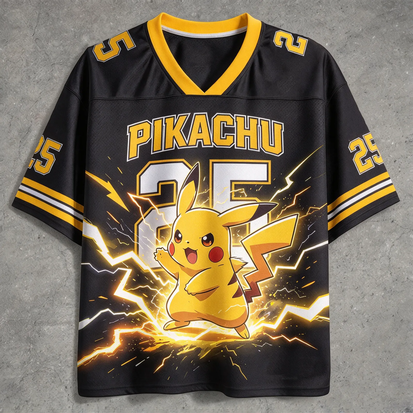 Pokemon Pikachu Football Jersey, Number 25 Thunderbolt Lightning Anime V-Neck Jersey Shirt, Black and Yellow Electric Sports Tee for Fans