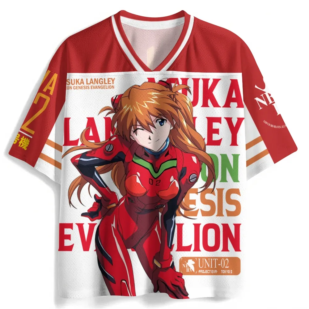 Neon Genesis Evangelion Asuka Langley Football Jersey, EVA Unit-02 NERV Anime V-Neck Jersey Shirt, Red White Orange Mecha Sports Tee