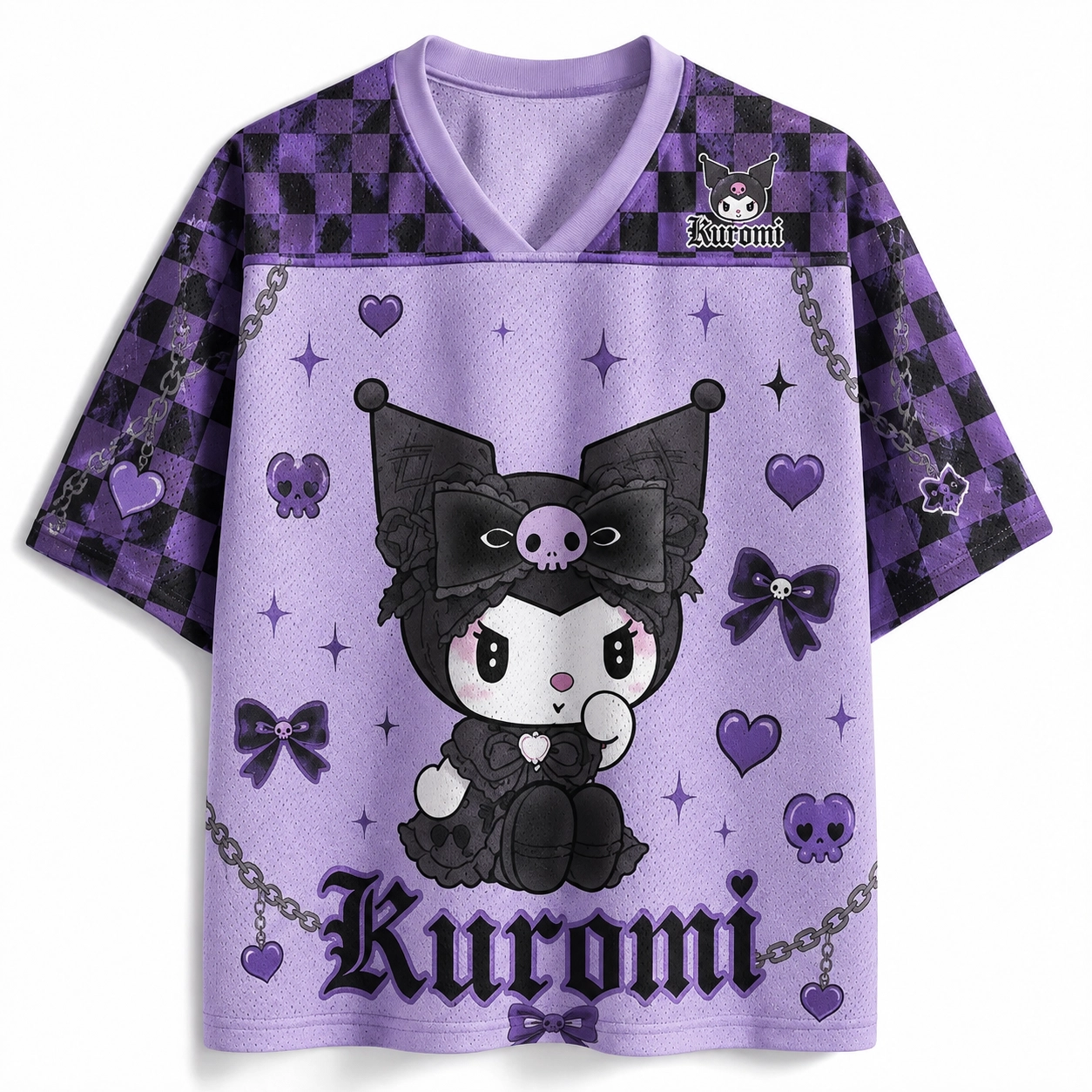 Sanrio Kuromi Football Jersey, Gothic Lolita Checkered Hearts and Skulls V-Neck Jersey Shirt, Lavender and Black Kawaii Sports Tee for Girls