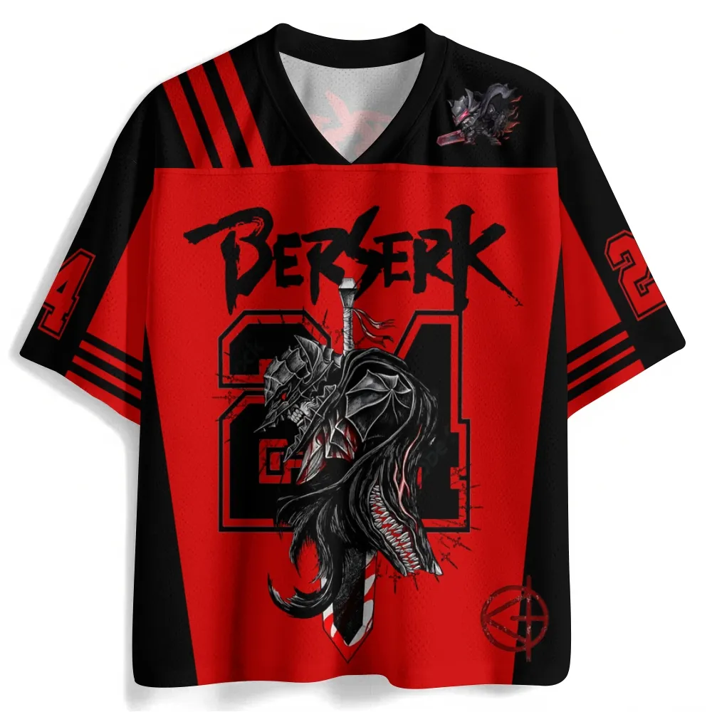Berserk Guts Football Jersey, Berserker Armor Wolf Helm Number 24 Brand of Sacrifice Manga Panel Anime V-Neck Jersey Shirt, Red Black Tee