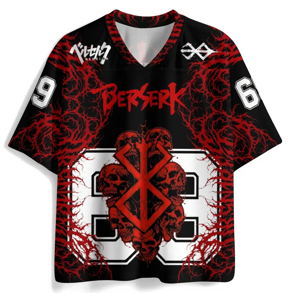 Berserk Guts Football Jersey, Brand of Sacrifice Skulls Number 69 Anime V-Neck Jersey Shirt, Black and Blood Red Dark Fantasy Sports Tee