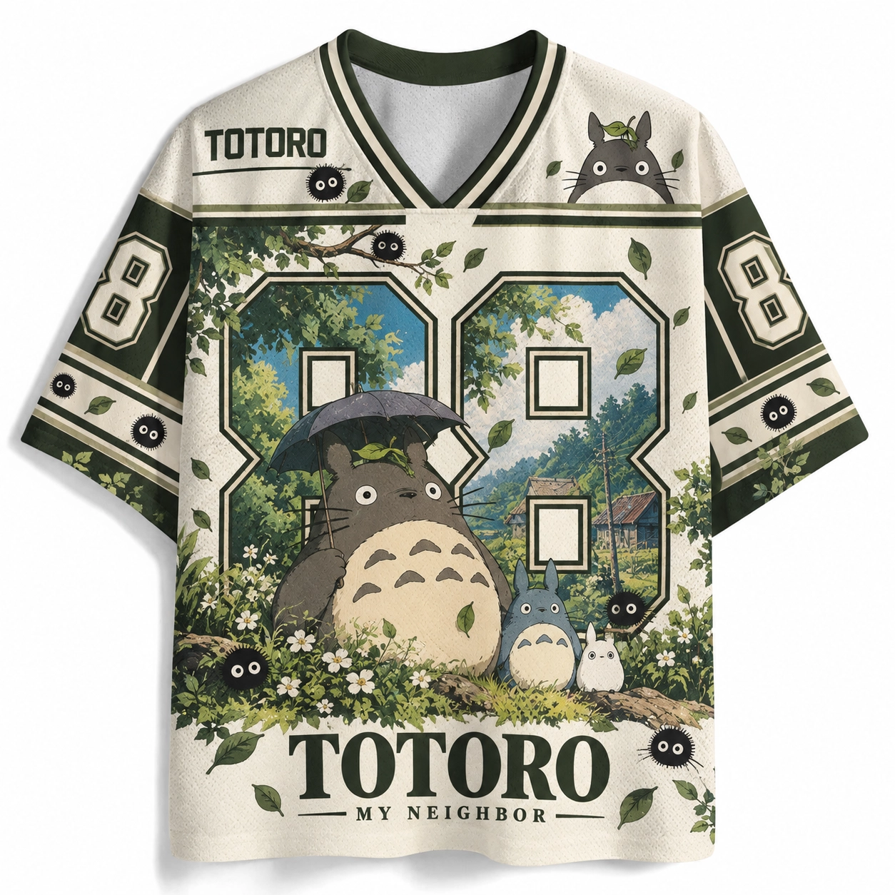 My Neighbor Totoro Football Jersey, Studio Ghibli Soot Sprites Number 88 Cream and Forest Green Anime V-Neck Jersey Shirt, Cozy Countryside Tee