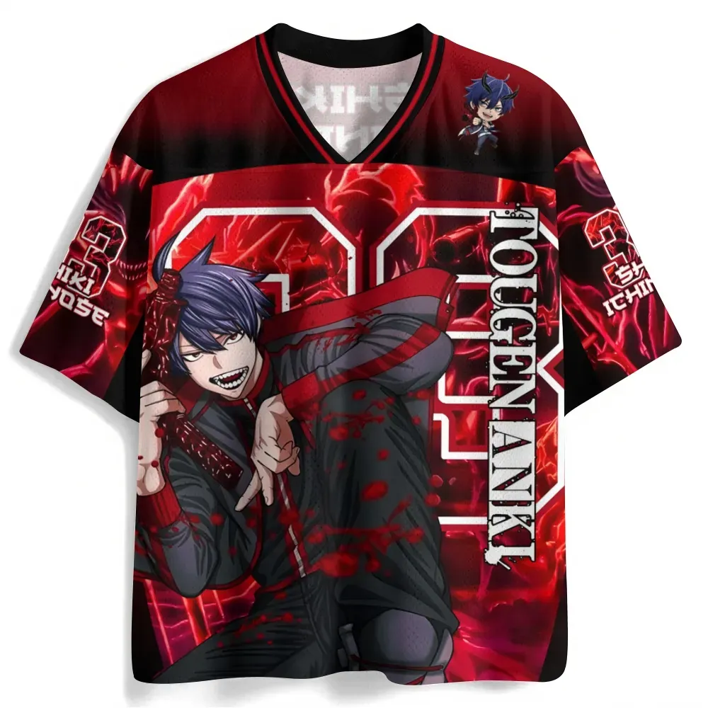 Tougen Anki Shiki Ichinose Football Jersey, Blood Art Number 33 Anime V-Neck Jersey Shirt, Crimson Red Black Mesh Tee for Manga Fans