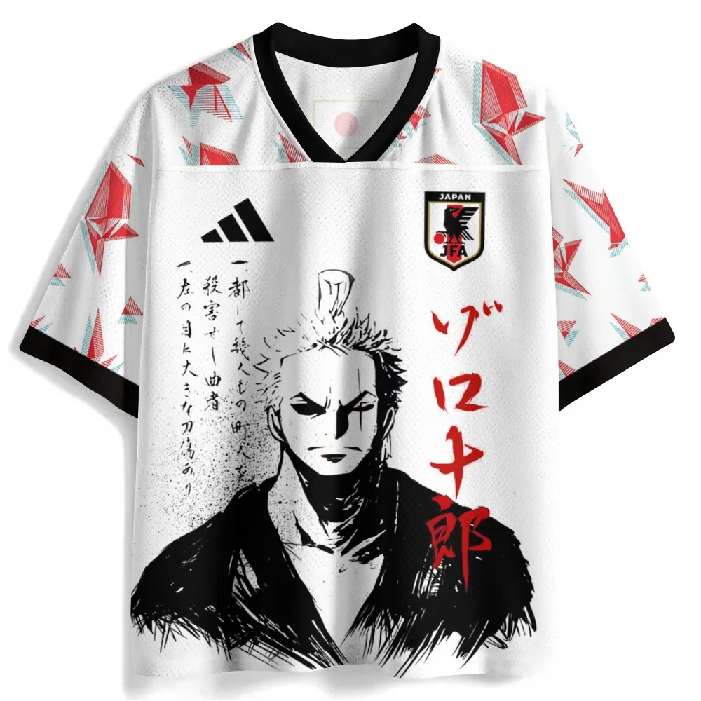 One Piece Roronoa Zoro Football Jersey, Japan Style White Anime V-Neck Jersey Shirt, Zorojuro Kanji Ink Portrait Fan Tee with Red Accents