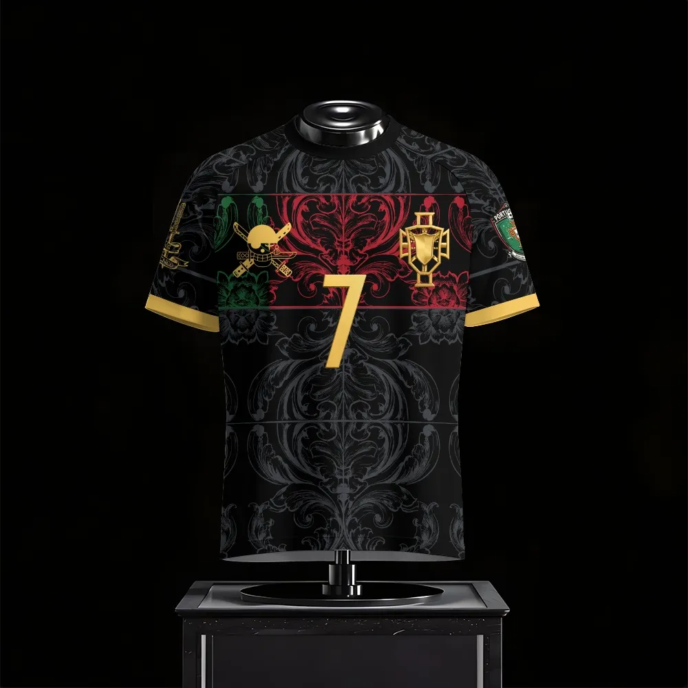 One Piece Roronoa Zoro Football Jersey, Number 7 Pirate Hunter Green Hair Anime Crew Neck Jersey Shirt, Black Gold Baroque Soccer Tee