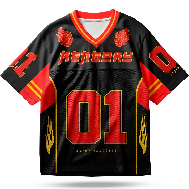 Demon Slayer Kyojuro Rengoku Football Jersey, Flame Hashira Kimetsu no Yaiba Anime V-Neck Jersey Shirt, Black Red Gold Number 01 Tee