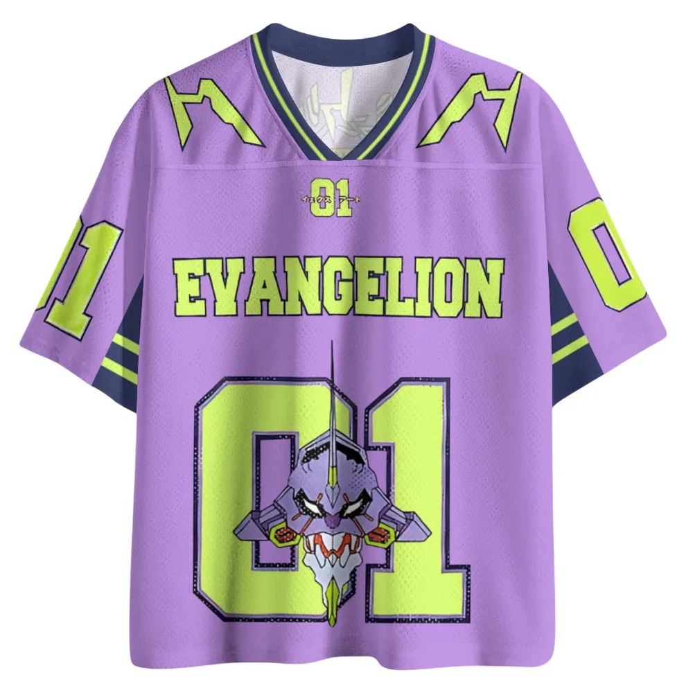 Neon Genesis Evangelion EVA Unit 01 Football Jersey, Purple Mecha Anime V-Neck Jersey Shirt, Lime Green and Navy Sports Tee for Otaku Fans