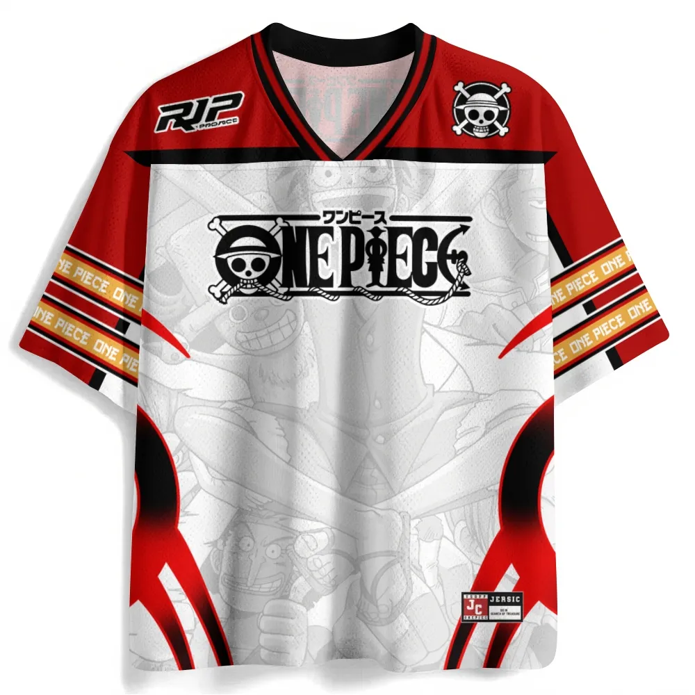 One Piece Straw Hat Jolly Roger Football Jersey, Monkey D Luffy Sun God Nika Anime V-Neck Jersey Shirt, Red White Mesh Tee for Fans