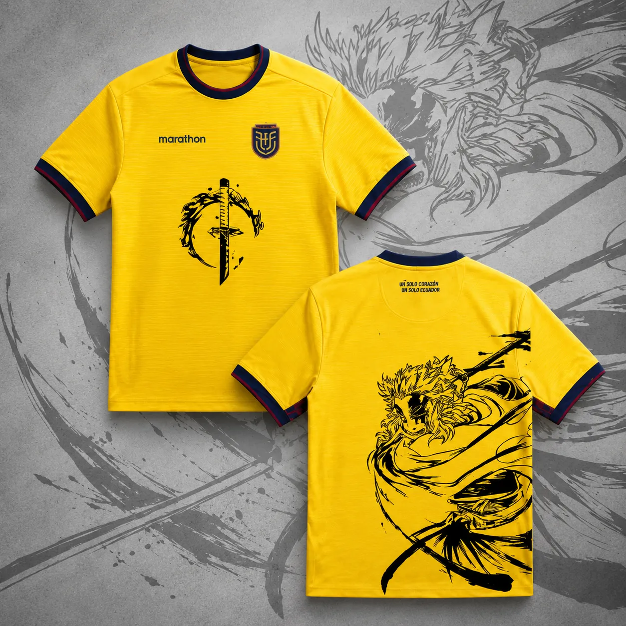 Demon Slayer Kyojuro Rengoku Football Jersey, Flame Breathing Ink Art Soccer Style Crew Neck Jersey Shirt, Yellow Navy Anime Tee for Fans