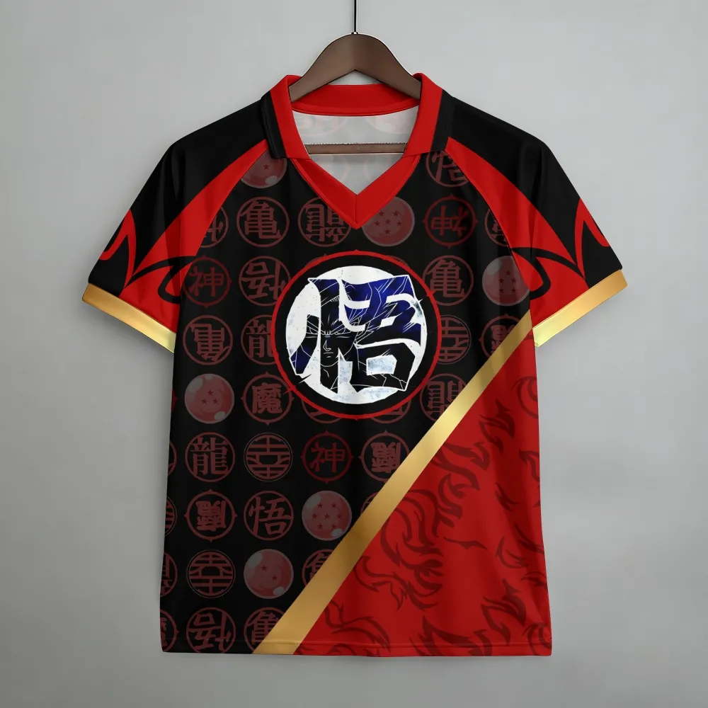 Dragon Ball Z Goku Go Kanji Football Jersey, Kame Seal Pattern Anime Collared V-Neck Jersey Shirt, Black Red Gold Diagonal Sash Tee for Fans