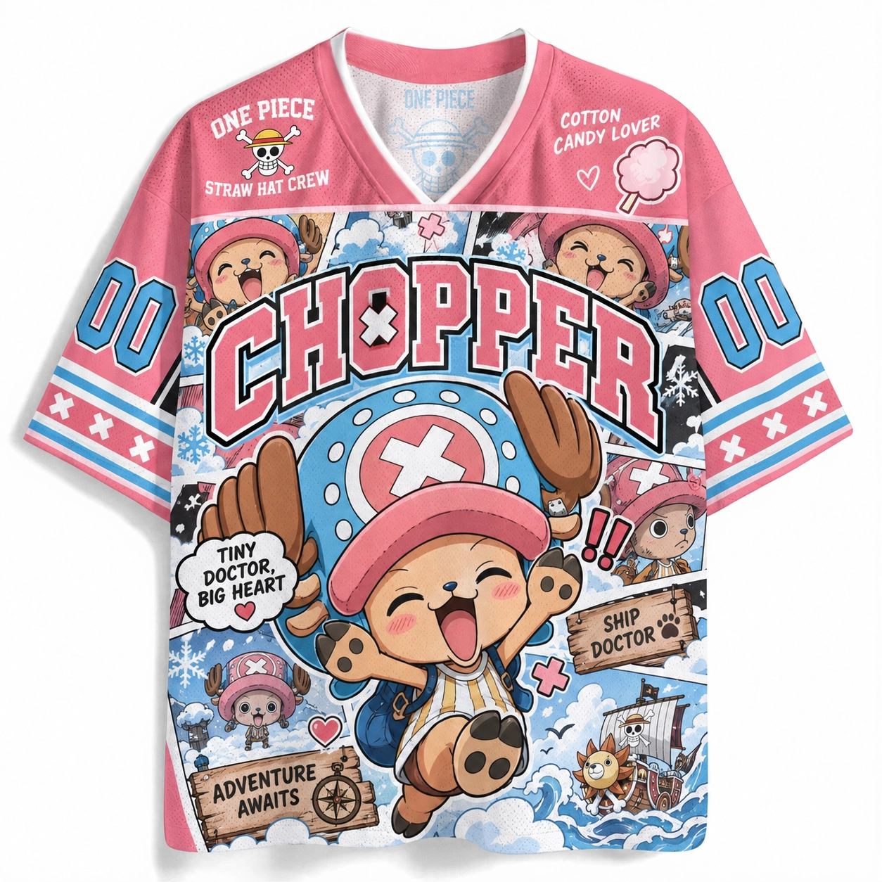 One Piece Tony Tony Chopper Football Jersey, Number 00 Ship Doctor Cotton Candy Lover Chibi Anime V-Neck Jersey Shirt, Pink Sky Blue Tee