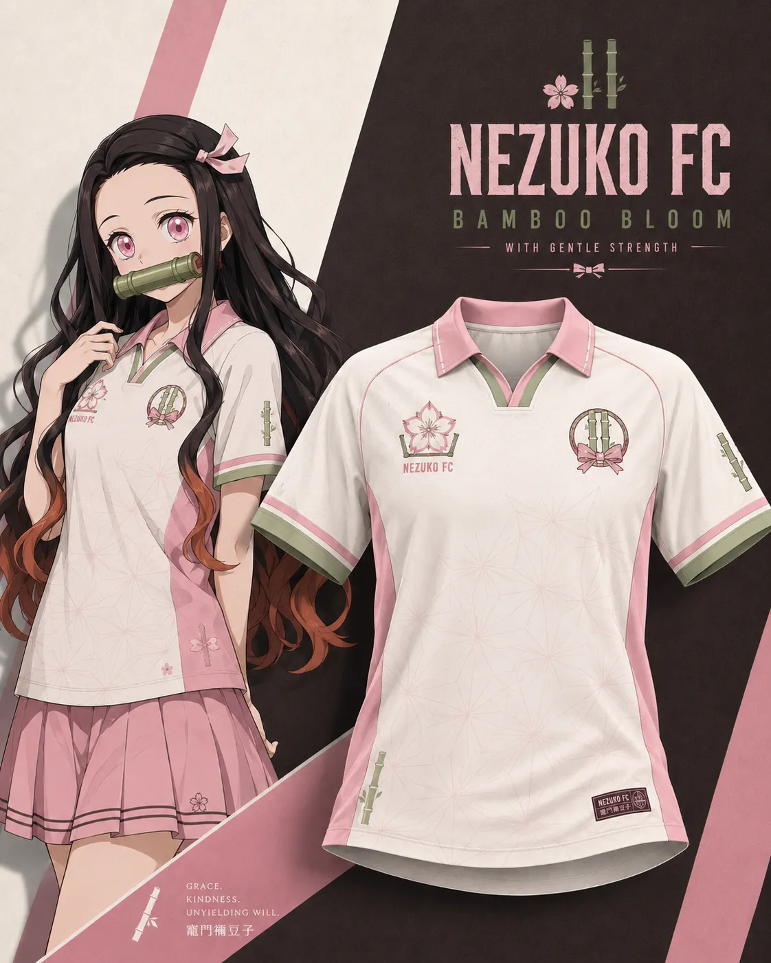 Demon Slayer Nezuko Kamado Football Jersey, Nezuko FC Bamboo Bloom Cherry Blossom Collared V-Neck Soccer Jersey Shirt, Cream Pink Tee