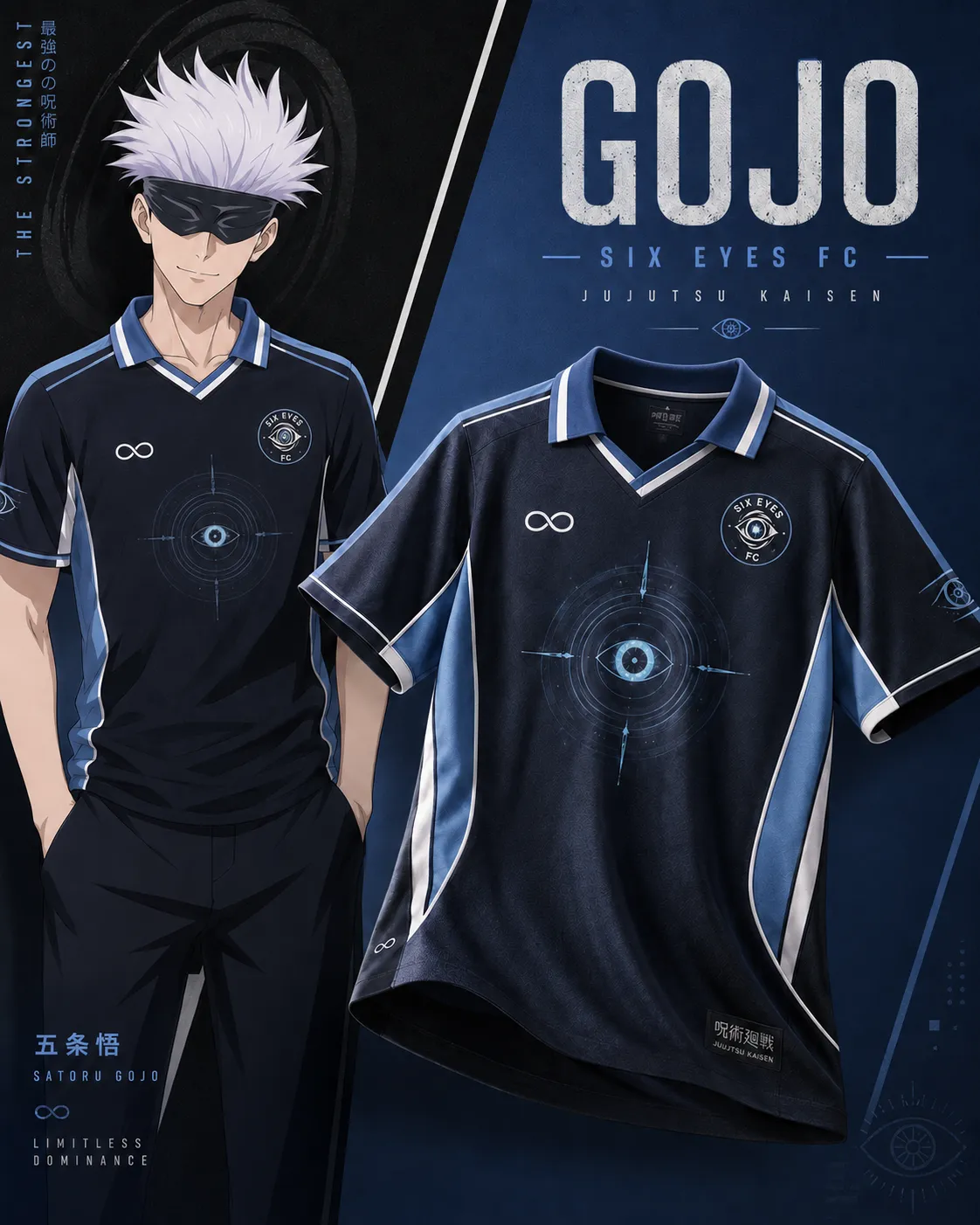 Jujutsu Kaisen Satoru Gojo Six Eyes FC Football Jersey, Infinity Limitless Anime Soccer Style Jersey Shirt, Navy Black and Sky Blue Sports Tee