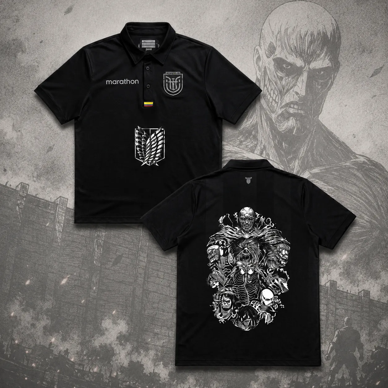 Attack on Titan Survey Corps Wings of Freedom Football Jersey, Scout Regiment Crest Colossal Giant Anime Collared Polo Shirt, Black White Tee