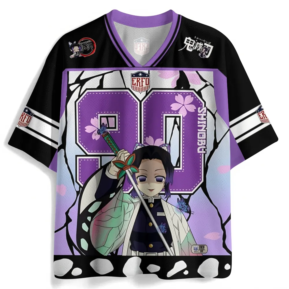 Demon Slayer Shinobu Kocho Football Jersey, Insect Hashira Kimetsu no Yaiba Anime V-Neck Jersey Shirt, Lavender Black Number 90 Tee