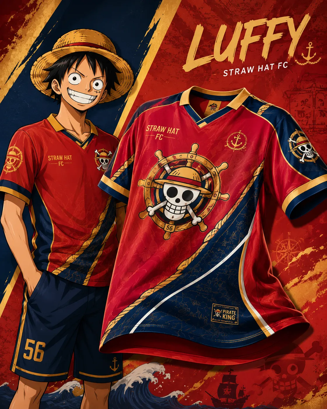One Piece Luffy Straw Hat FC Football Jersey, Jolly Roger Ship Wheel Anime V-Neck Jersey Shirt, Red and Navy Sports Tee for Pirate Fans