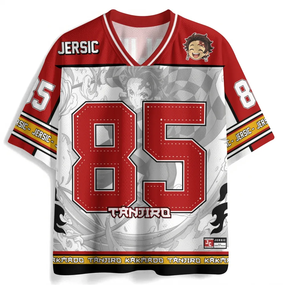 Demon Slayer Tanjiro Kamado Football Jersey, Number 85 Red and White Anime V-Neck Jersey Shirt, Chibi Fox Mask Kimetsu no Yaiba Sports Tee