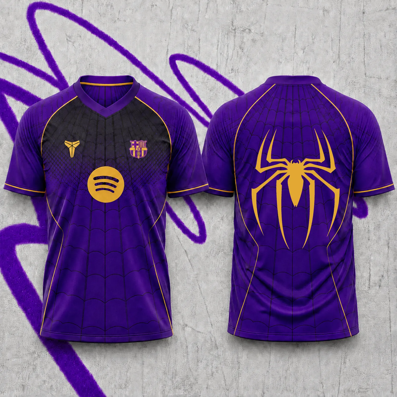 FC Barcelona Spider-Man Football Jersey, Purple and Gold Web Pattern V-Neck Jersey Shirt, Superhero Soccer Style Sports Tee for Marvel Fans