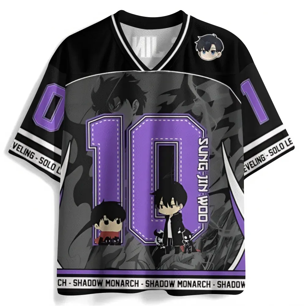 Solo Leveling Sung Jin Woo Football Jersey, Shadow Monarch Number 10 Black and Purple Anime V-Neck Jersey Shirt, Chibi Jinwoo Sports Tee