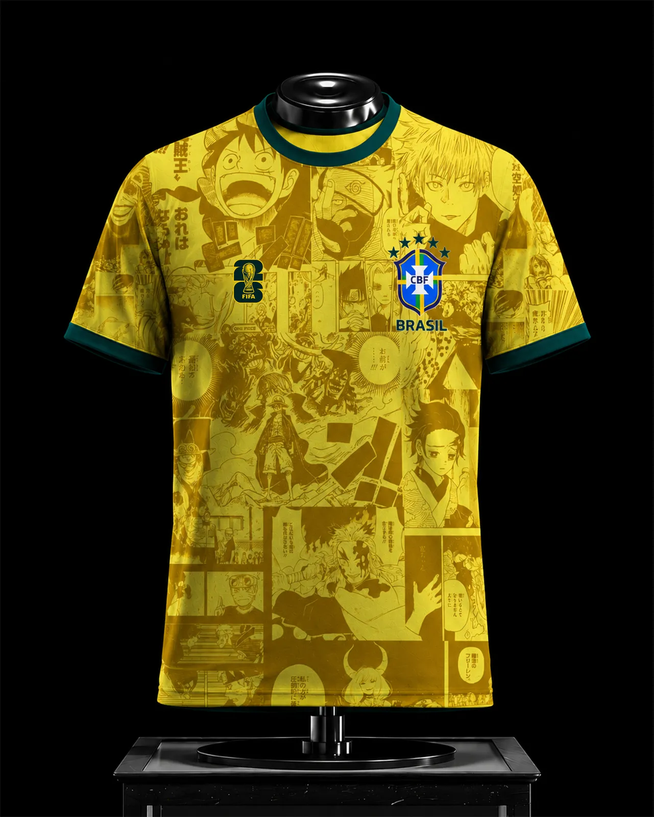Anime Manga Collage Football Jersey, Brazil Style Yellow Crew Neck Soccer Shirt, One Piece Luffy and Demon Slayer Panels Fan Kit Tee