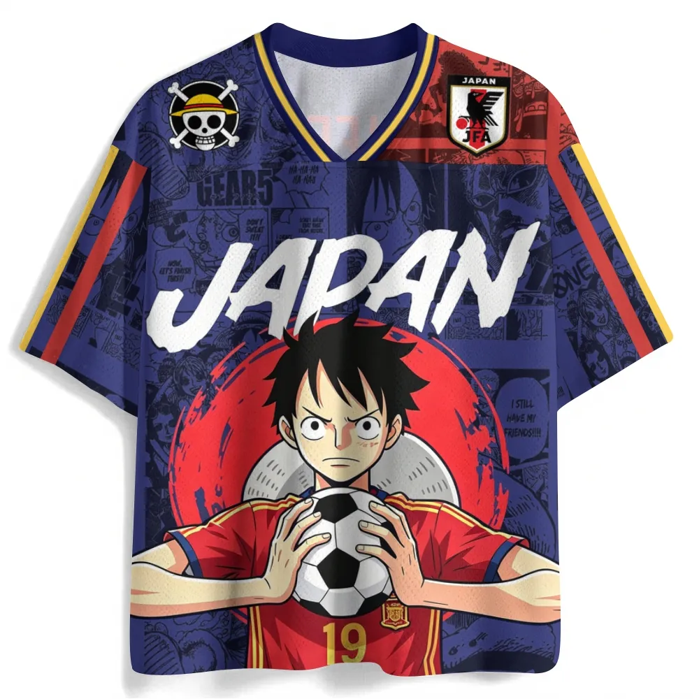 One Piece Monkey D Luffy Japan Football Jersey, Gear 5 Number 19 Anime V-Neck Jersey Shirt, Navy Red Manga Panel Sports Tee for Fans