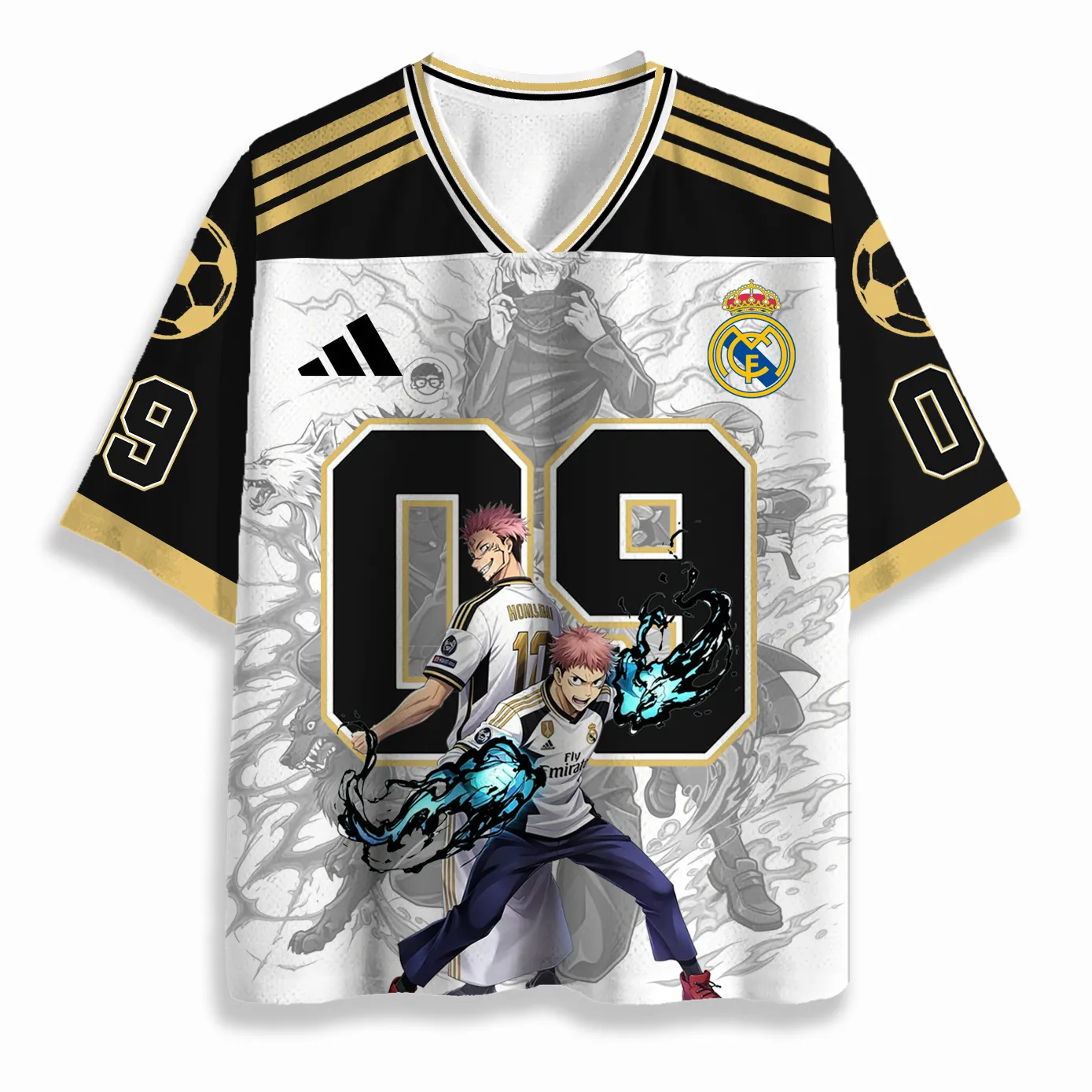 Jujutsu Kaisen Yuji Itadori Sukuna Football Jersey, Megumi Fushiguro Satoru Gojo Chibi Anime V-Neck Jersey Shirt, White Black Gold 09 Tee