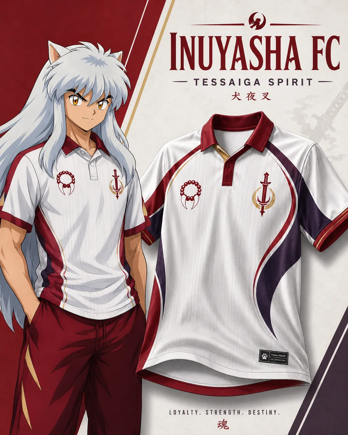Inuyasha Football Jersey, Tessaiga Spirit White and Crimson Collared Soccer Shirt, Half-Demon Prayer Beads Crest Anime Club Fan Kit Tee