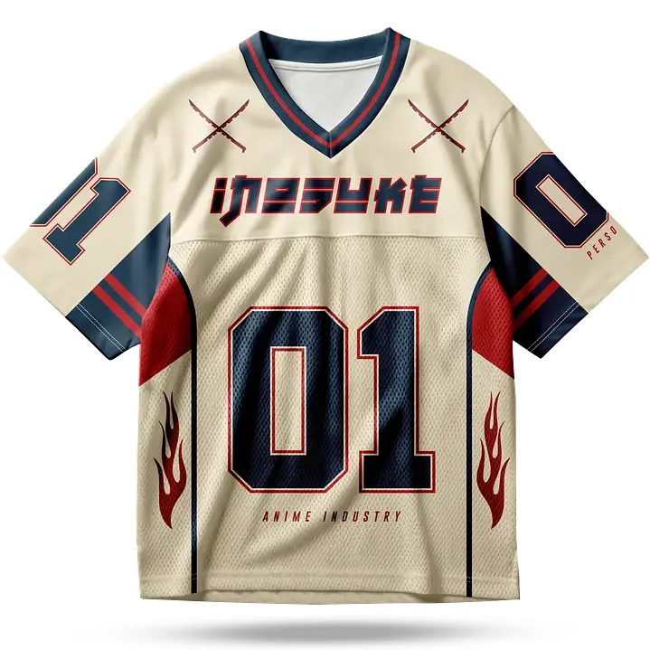 Demon Slayer Inosuke Hashibira Football Jersey, Number 01 Boar Mask Anime V-Neck Jersey Shirt, Cream Navy Red Vintage Varsity Sports Tee