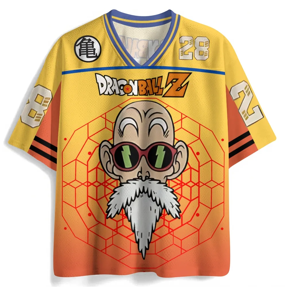 Dragon Ball Z Master Roshi Football Jersey, Kame Turtle Hermit Number 28 Yellow and Orange Anime V-Neck Jersey Shirt, Kamesennin Sports Tee