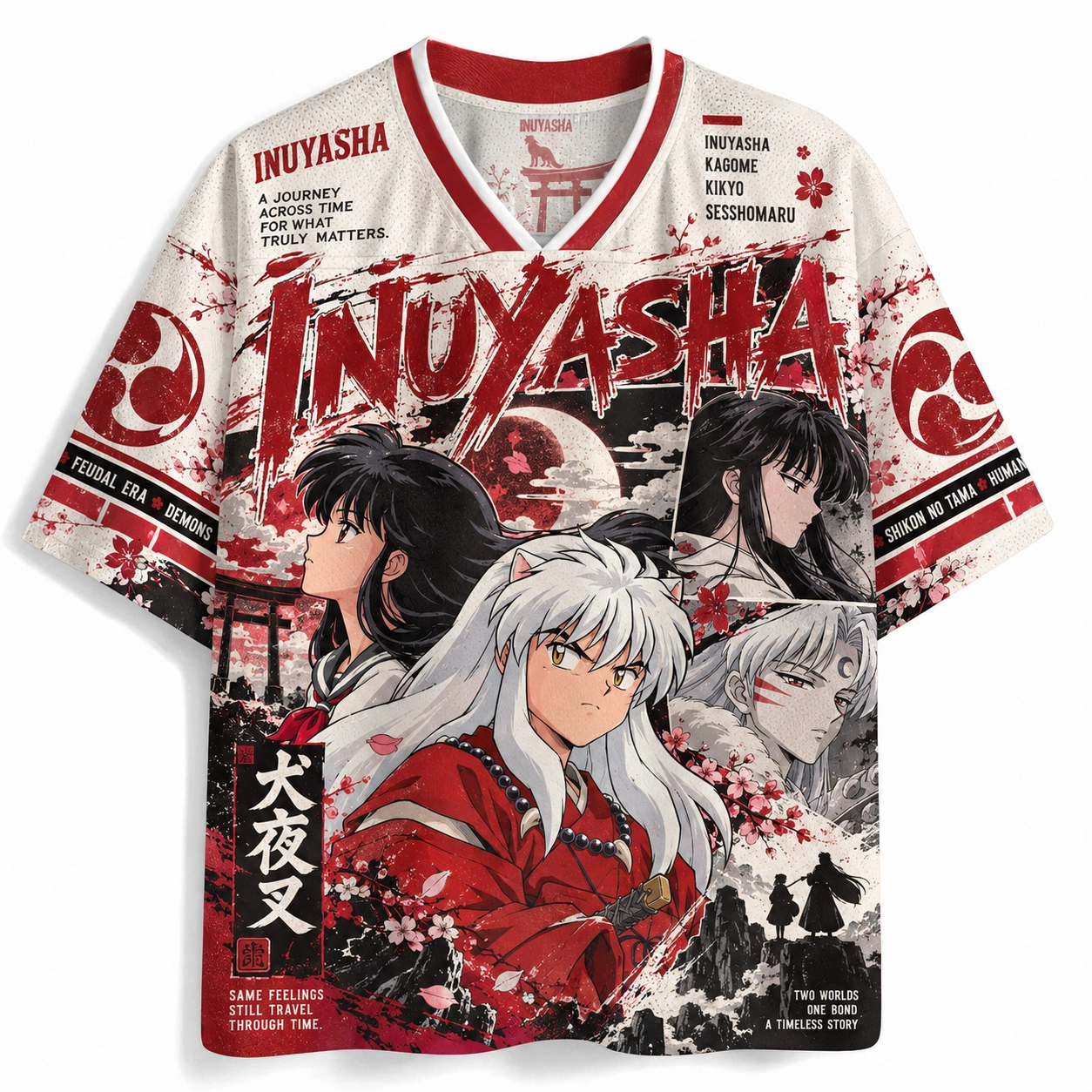 Inuyasha Kagome Kikyo Sesshomaru Football Jersey, Feudal Era Sakura Torii 27 Anime V-Neck Jersey Shirt, Cream Red and Black Sports Tee