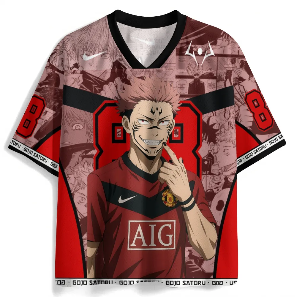Jujutsu Kaisen Ryomen Sukuna Football Jersey, King of Curses Soccer Player Number 8 Red and Black Manga Panel Anime V-Neck Jersey Shirt, Yuji Tee