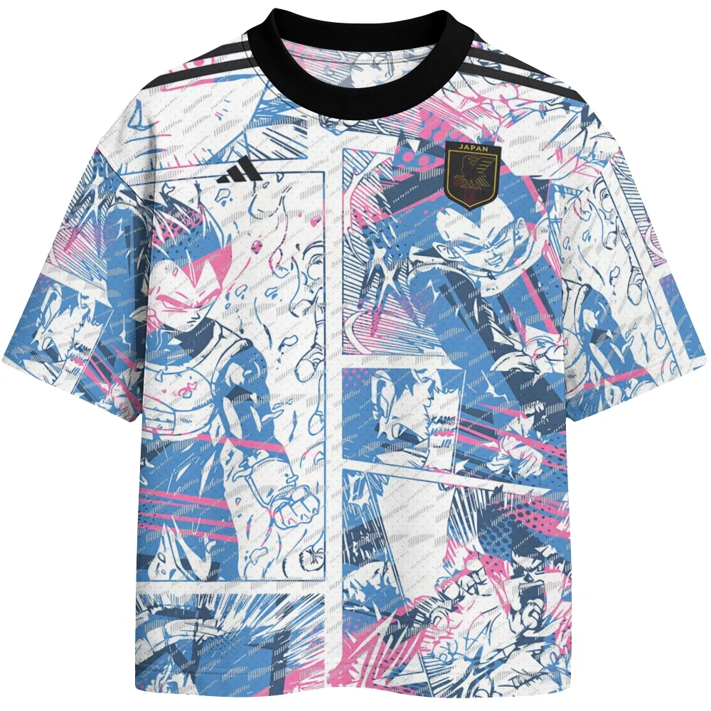 Dragon Ball Vegeta Football Jersey, Saiyan Prince Manga Panel Collage Number 10 Anime Crew Neck Jersey Shirt, White Blue Pink Soccer Tee